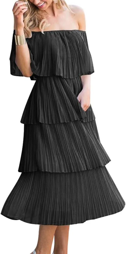 ETCYY Women's Off The Shoulder Ruffles Summer Wedding Guest Loose Casual Chiffon Long Party Beach Maxi Dress