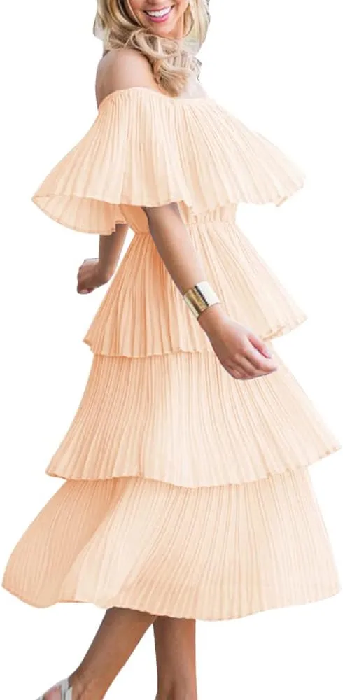 ETCYY Women's Off The Shoulder Ruffles Summer Wedding Guest Loose Casual Chiffon Long Party Beach Maxi Dress