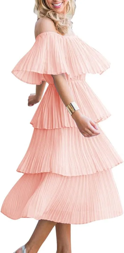 ETCYY Women's Off The Shoulder Ruffles Summer Wedding Guest Loose Casual Chiffon Long Party Beach Maxi Dress