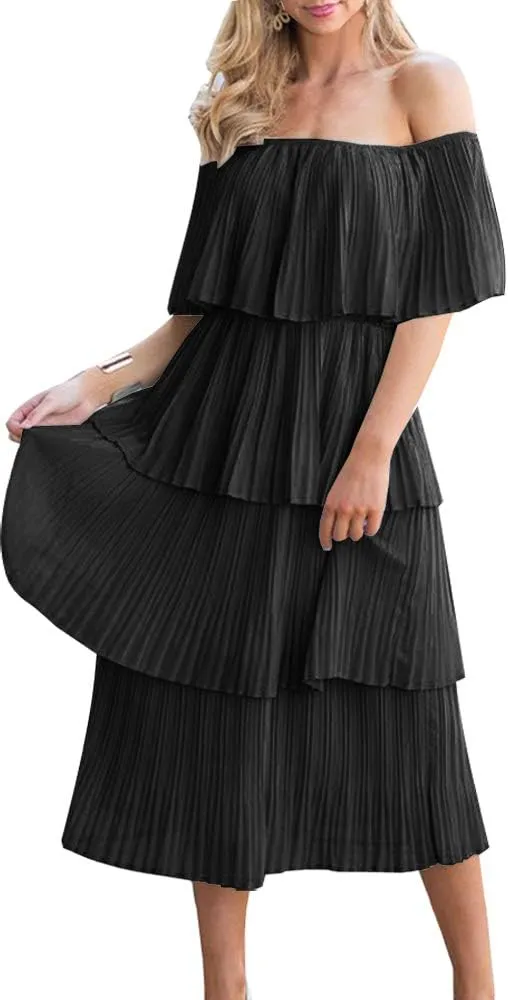 ETCYY Women's Off The Shoulder Ruffles Summer Wedding Guest Loose Casual Chiffon Long Party Beach Maxi Dress