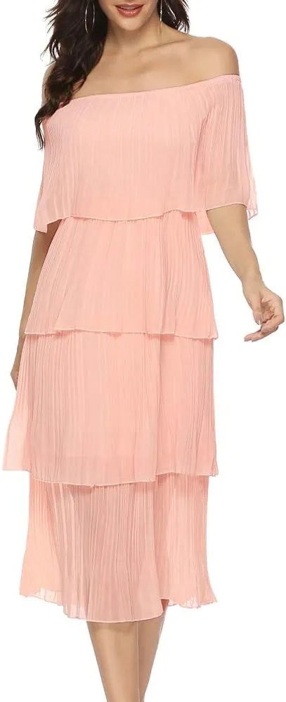 ETCYY Women's Off The Shoulder Ruffles Summer Wedding Guest Loose Casual Chiffon Long Party Beach Maxi Dress
