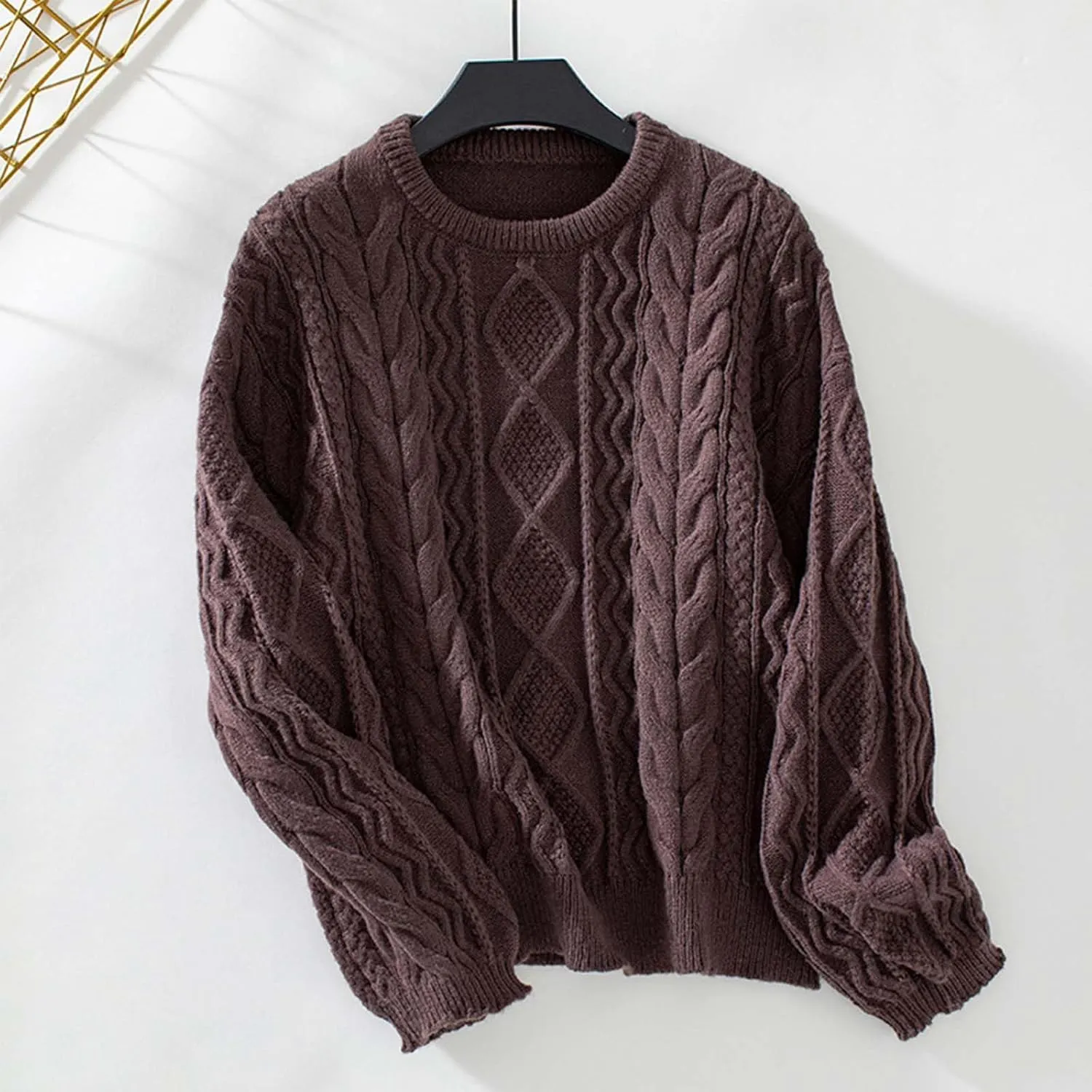 Fall Sweaters for Women Cable Knit Sweater Women Vintage Chunky Woven Crewneck Knitted Pullover