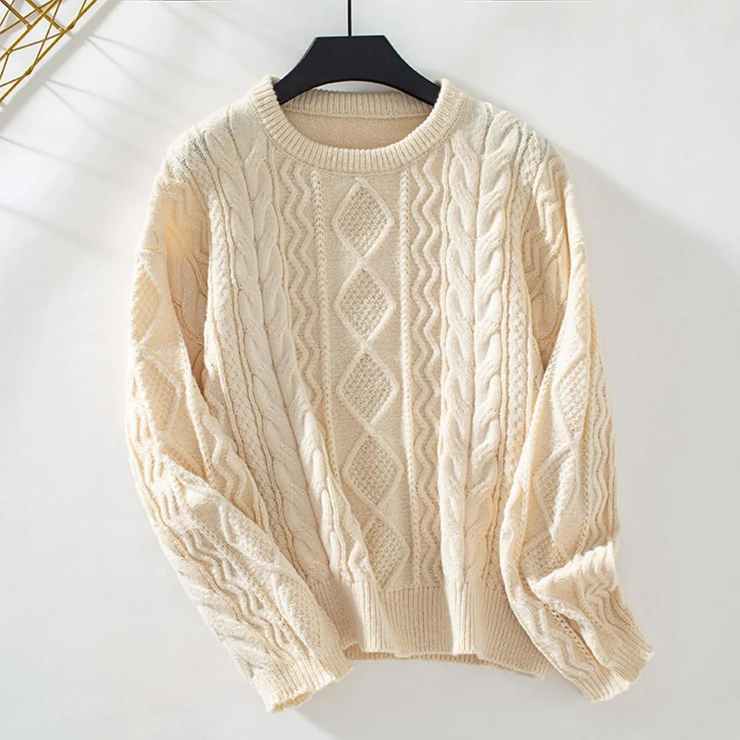 Fall Sweaters for Women Cable Knit Sweater Women Vintage Chunky Woven Crewneck Knitted Pullover