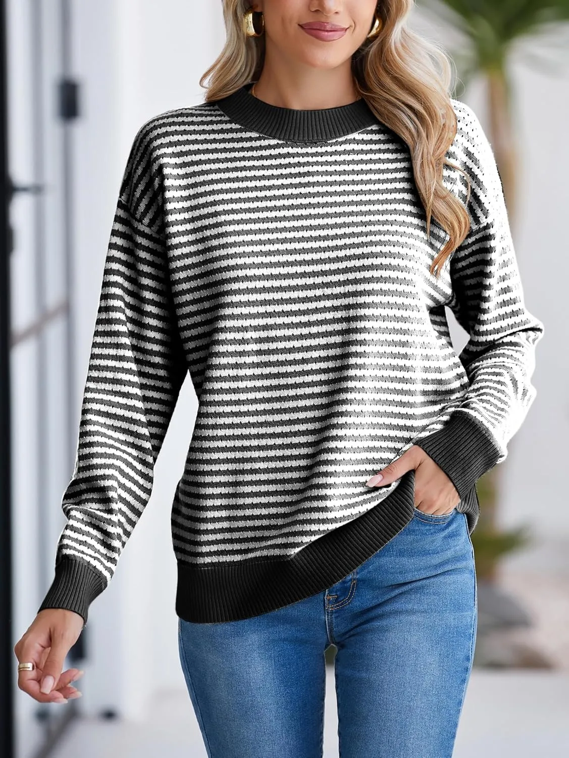 Famulily Womens Striped Color Block Hollow Out Knitted Sweater Long Sleeve Crew Neck Pullover Tops