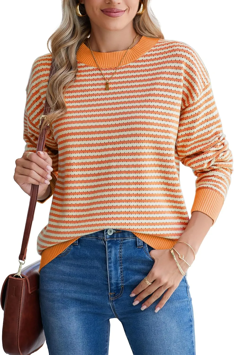 Famulily Womens Striped Color Block Hollow Out Knitted Sweater Long Sleeve Crew Neck Pullover Tops