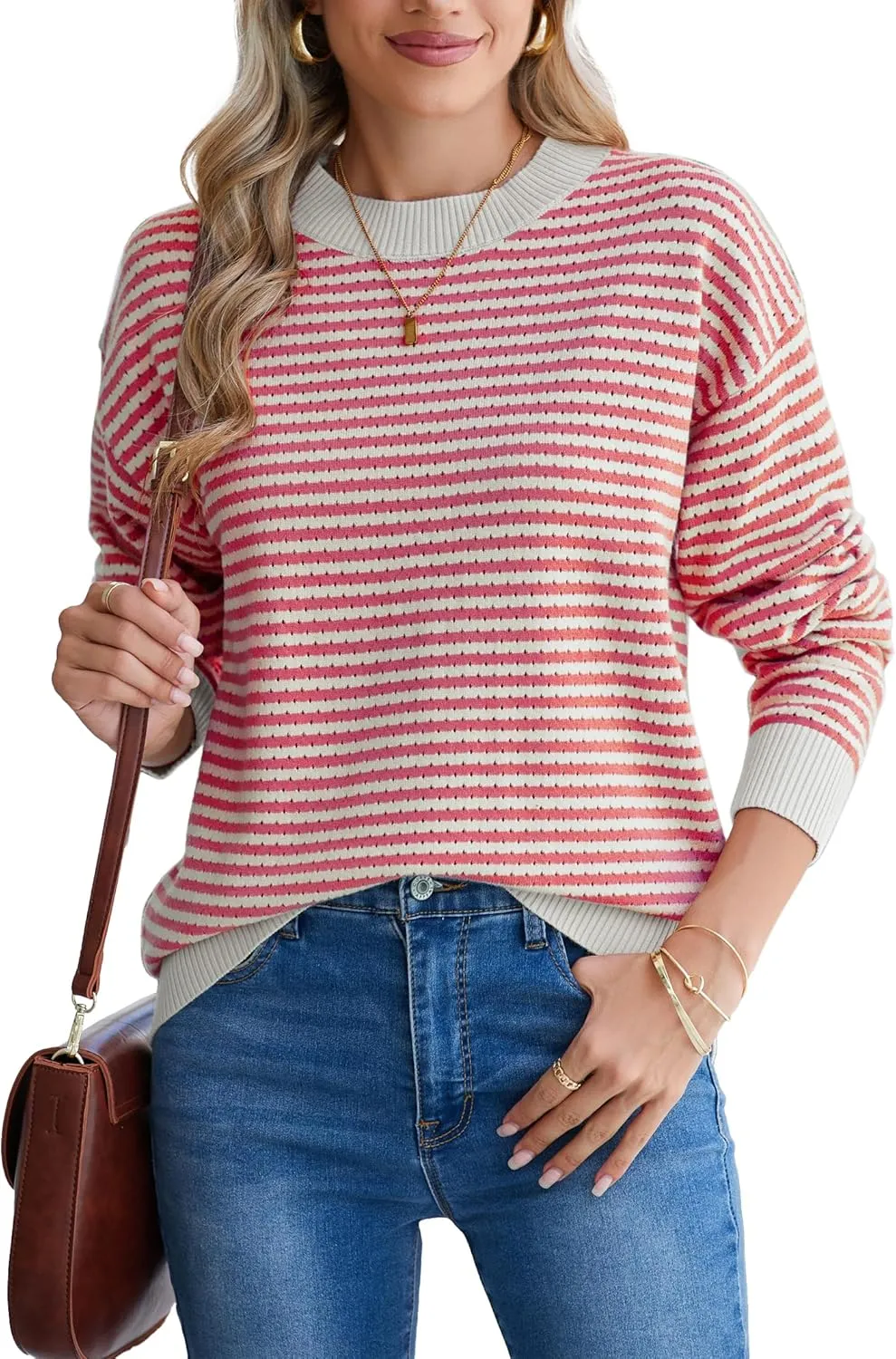 Famulily Womens Striped Color Block Hollow Out Knitted Sweater Long Sleeve Crew Neck Pullover Tops