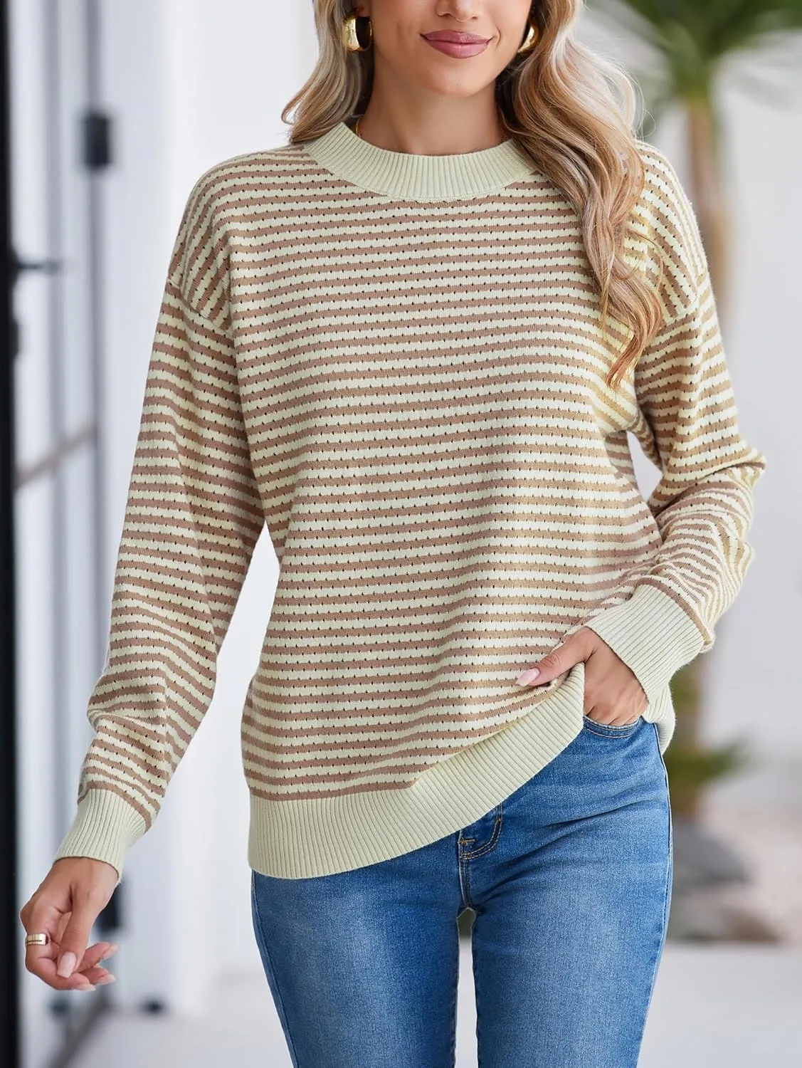 Famulily Womens Striped Color Block Hollow Out Knitted Sweater Long Sleeve Crew Neck Pullover Tops