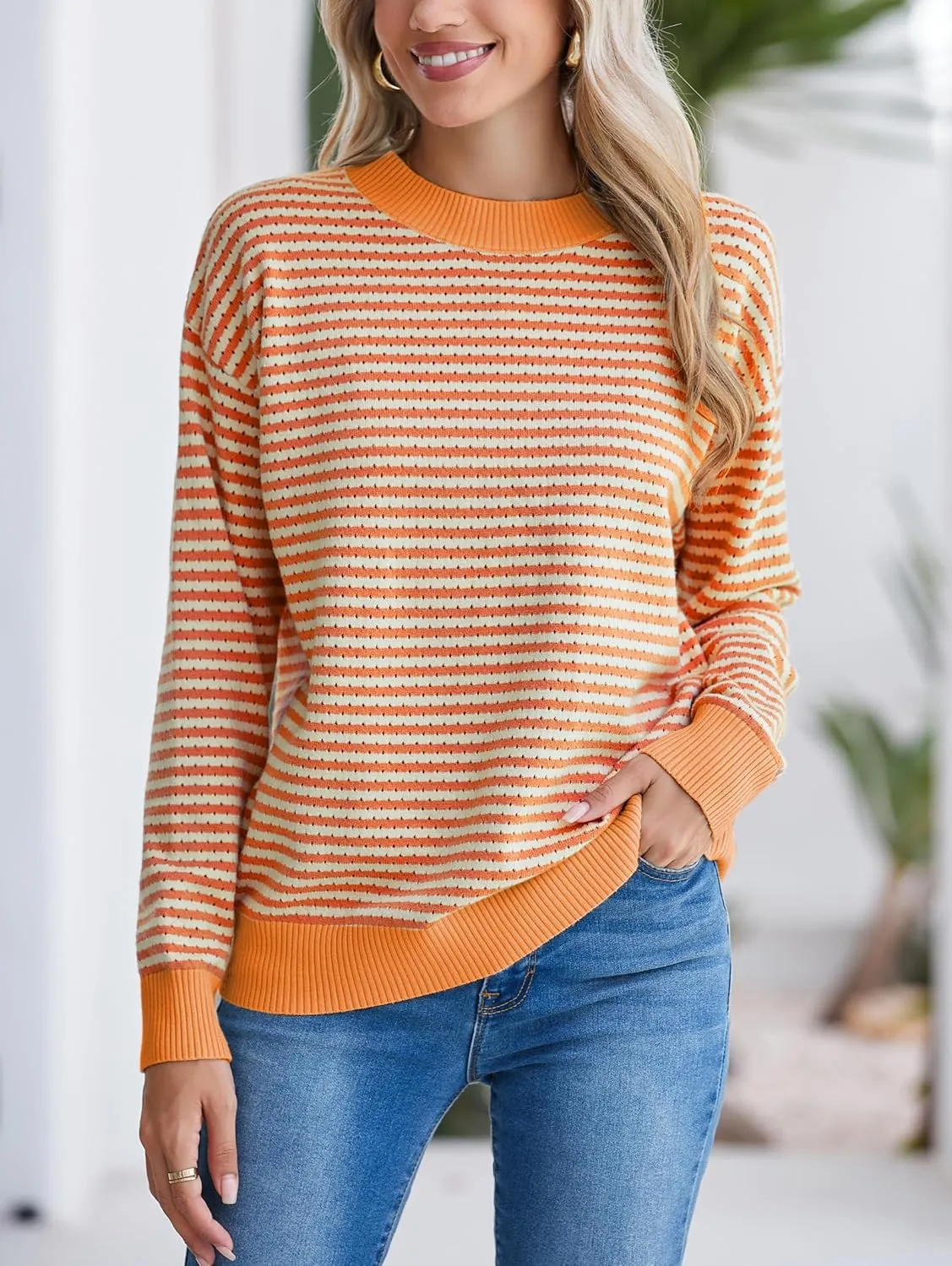 Famulily Womens Striped Color Block Hollow Out Knitted Sweater Long Sleeve Crew Neck Pullover Tops