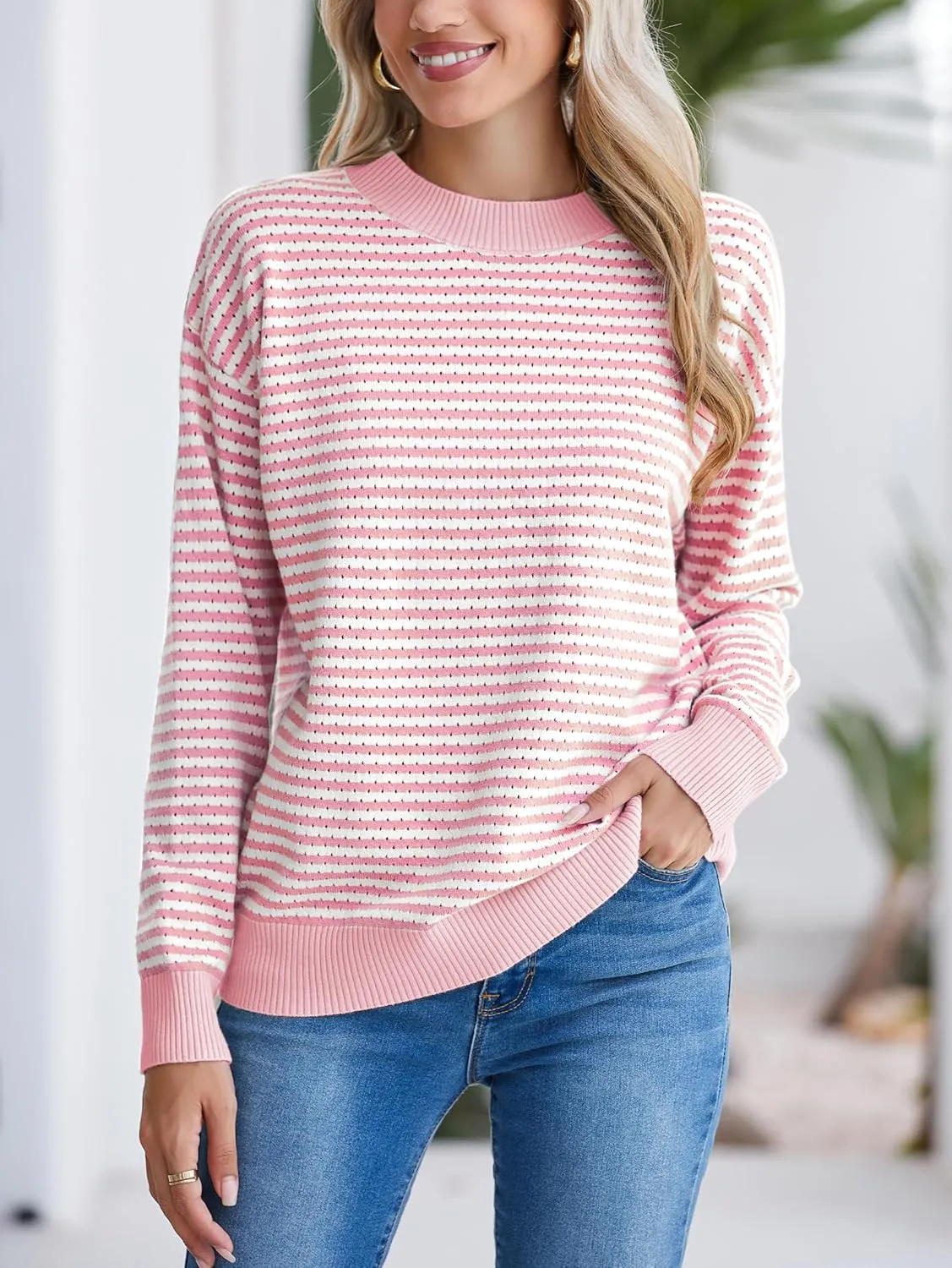 Famulily Womens Striped Color Block Hollow Out Knitted Sweater Long Sleeve Crew Neck Pullover Tops