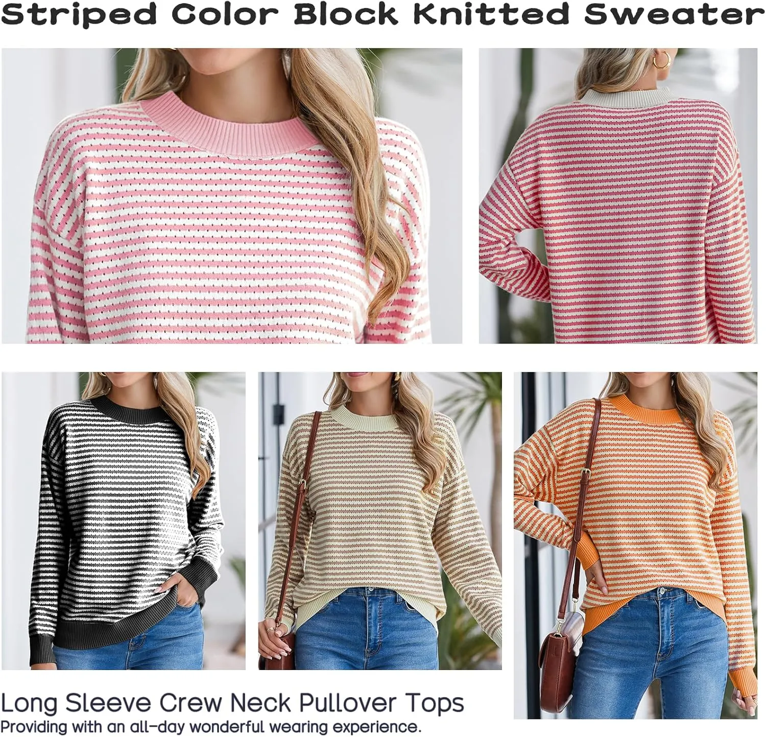 Famulily Womens Striped Color Block Hollow Out Knitted Sweater Long Sleeve Crew Neck Pullover Tops