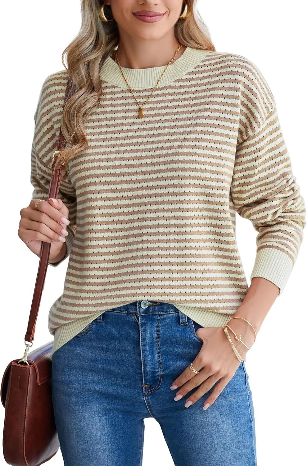 Famulily Womens Striped Color Block Hollow Out Knitted Sweater Long Sleeve Crew Neck Pullover Tops