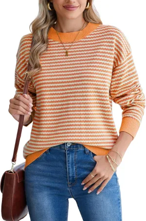 Famulily Womens Striped Color Block Hollow Out Knitted Sweater Long Sleeve Crew Neck Pullover Tops