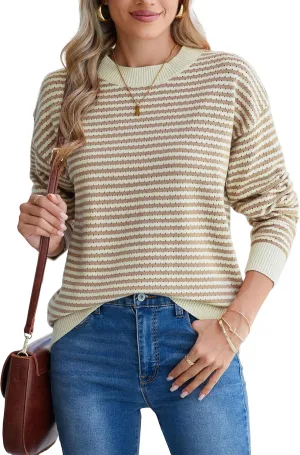 Famulily Womens Striped Color Block Hollow Out Knitted Sweater Long Sleeve Crew Neck Pullover Tops