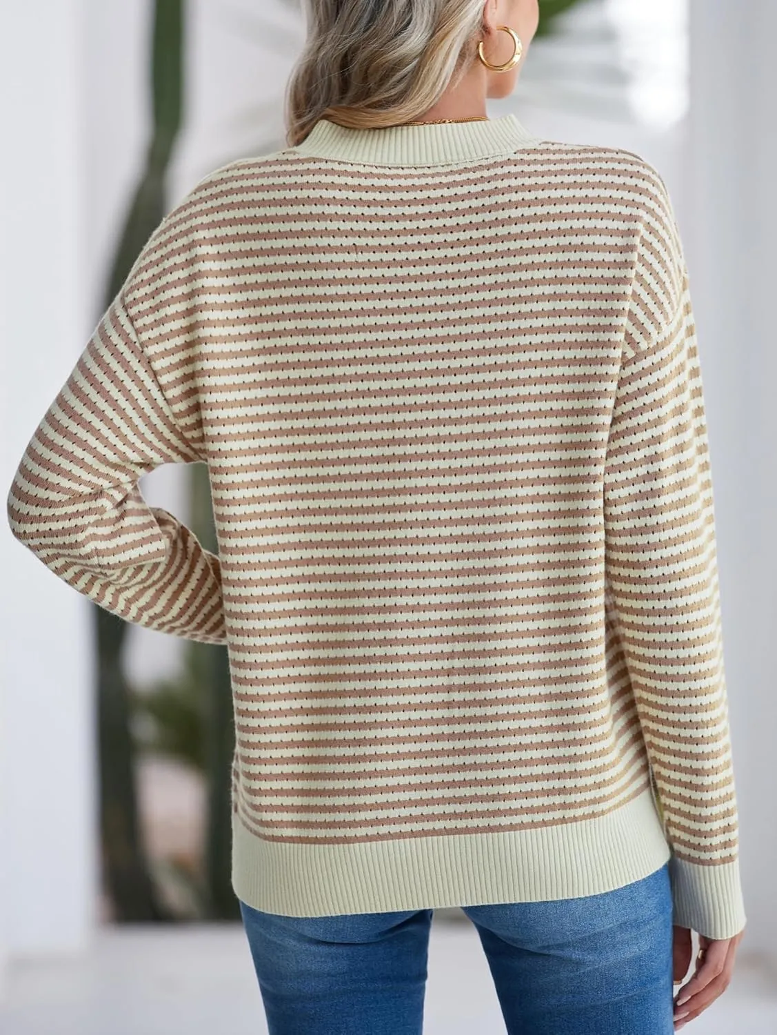 Famulily Womens Striped Color Block Hollow Out Knitted Sweater Long Sleeve Crew Neck Pullover Tops