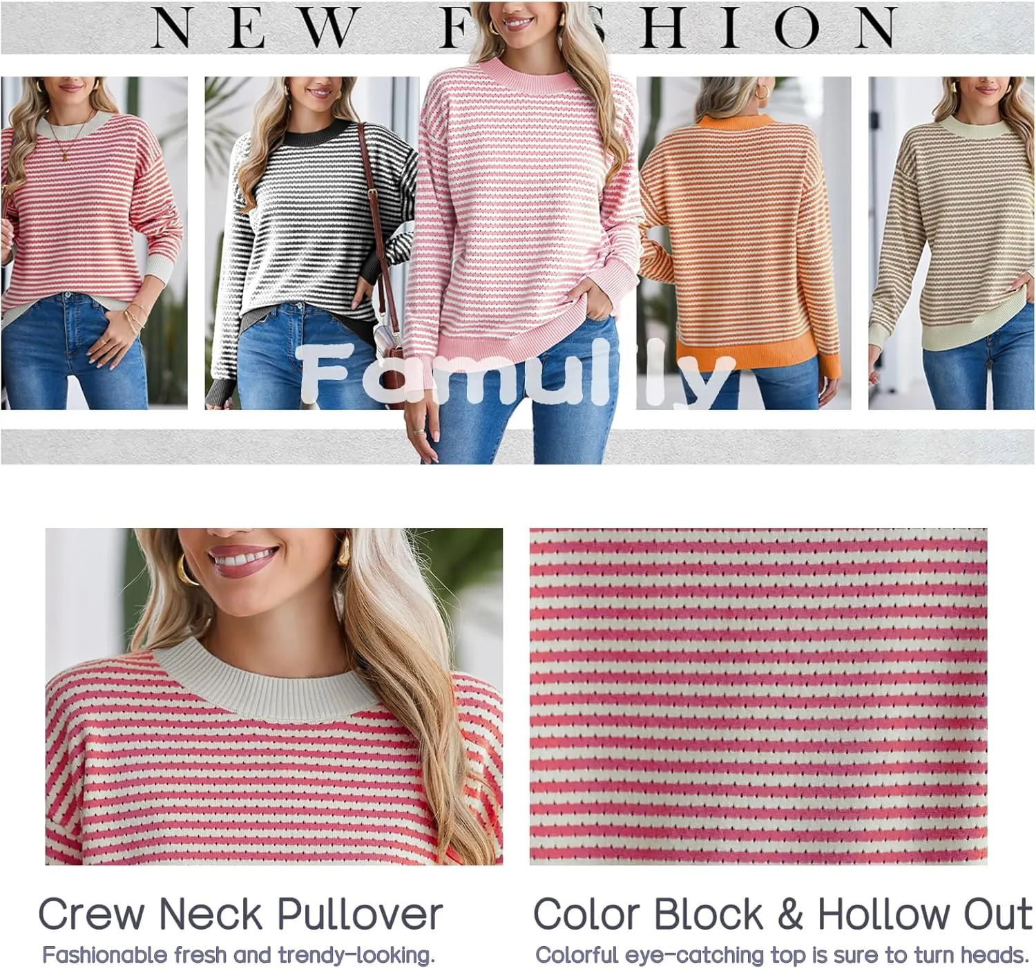 Famulily Womens Striped Color Block Hollow Out Knitted Sweater Long Sleeve Crew Neck Pullover Tops