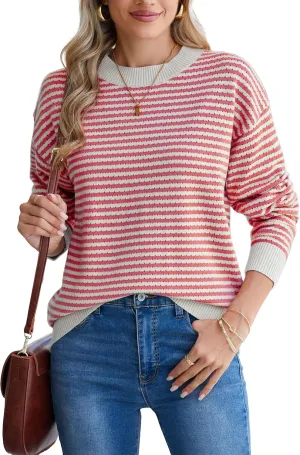 Famulily Womens Striped Color Block Hollow Out Knitted Sweater Long Sleeve Crew Neck Pullover Tops