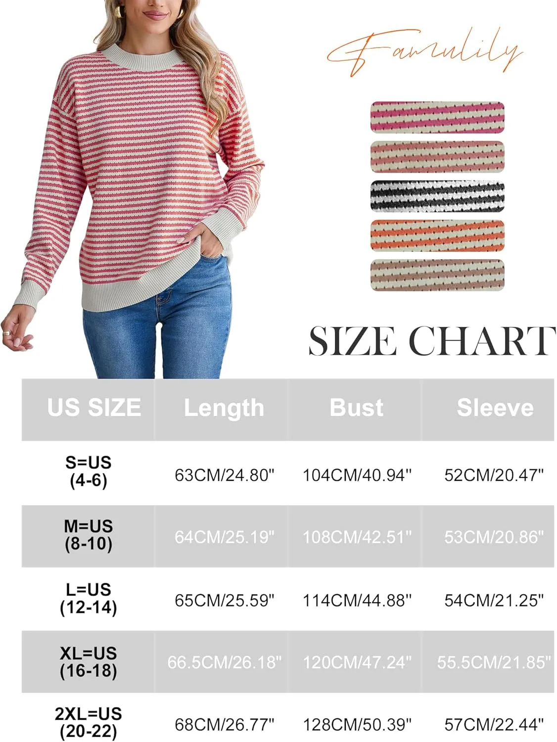 Famulily Womens Striped Color Block Hollow Out Knitted Sweater Long Sleeve Crew Neck Pullover Tops