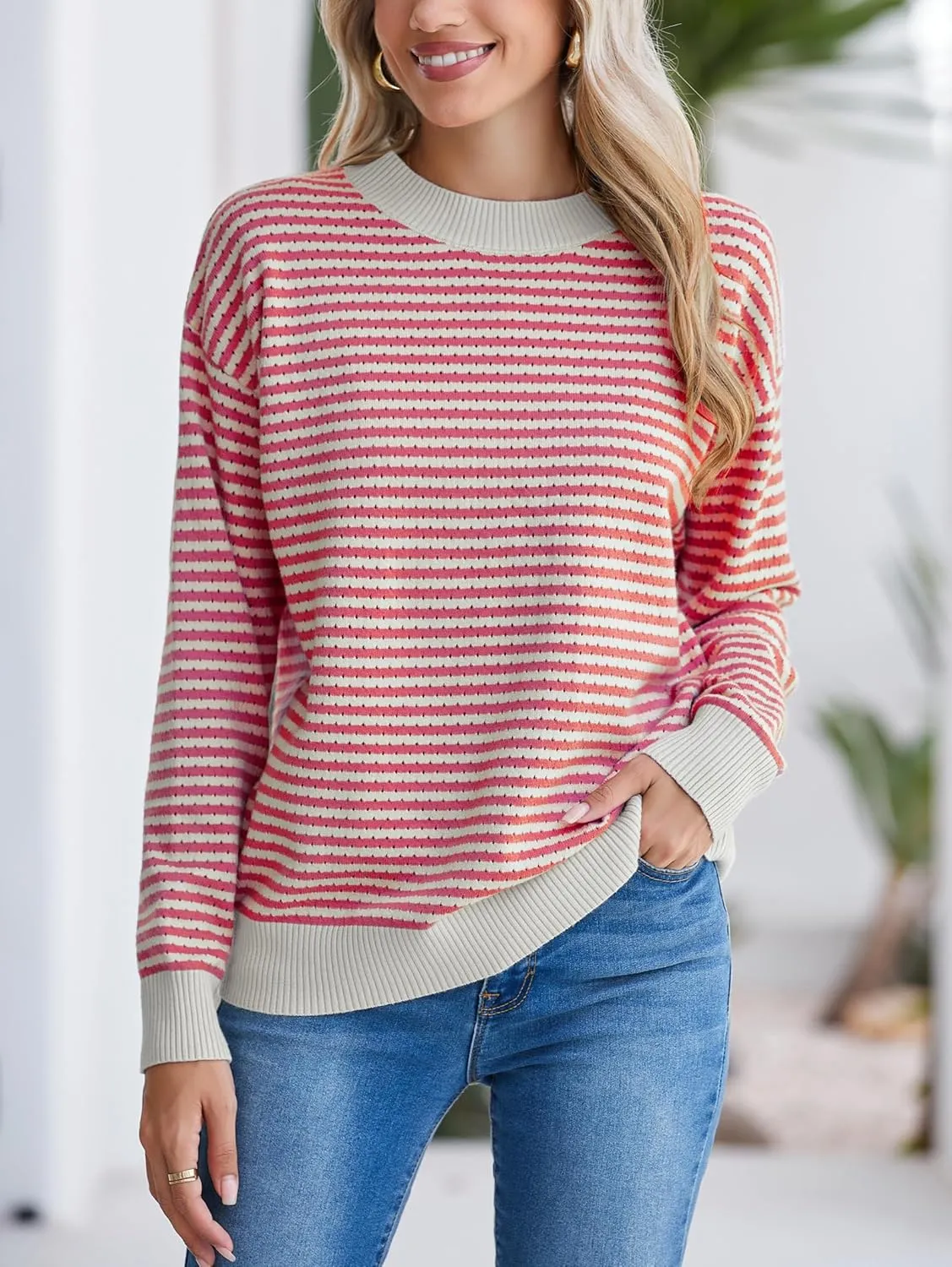 Famulily Womens Striped Color Block Hollow Out Knitted Sweater Long Sleeve Crew Neck Pullover Tops