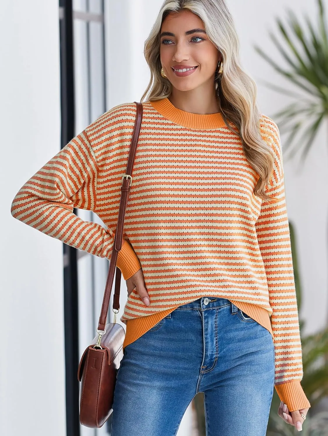 Famulily Womens Striped Color Block Hollow Out Knitted Sweater Long Sleeve Crew Neck Pullover Tops