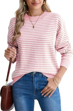 Famulily Womens Striped Color Block Hollow Out Knitted Sweater Long Sleeve Crew Neck Pullover Tops