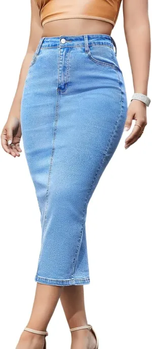 fanmpghleoo Long Jean Skirt for Women Denim Sexy Curvy High Waisted Pencil Skirts Stretchy Back Slit Fishtail Midi Skirts
