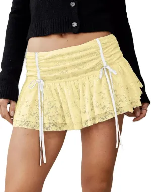 Faretumiya Women Floral Lace Mini Skirt Y2k Sheer Ruffle Hem Bodycon Short Skirt Fairycore Layered Pleated Skirt Aesthetic