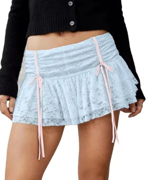 Faretumiya Women Floral Lace Mini Skirt Y2k Sheer Ruffle Hem Bodycon Short Skirt Fairycore Layered Pleated Skirt Aesthetic