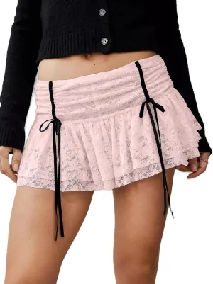 Faretumiya Women Floral Lace Mini Skirt Y2k Sheer Ruffle Hem Bodycon Short Skirt Fairycore Layered Pleated Skirt Aesthetic
