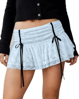 Faretumiya Women Floral Lace Mini Skirt Y2k Sheer Ruffle Hem Bodycon Short Skirt Fairycore Layered Pleated Skirt Aesthetic