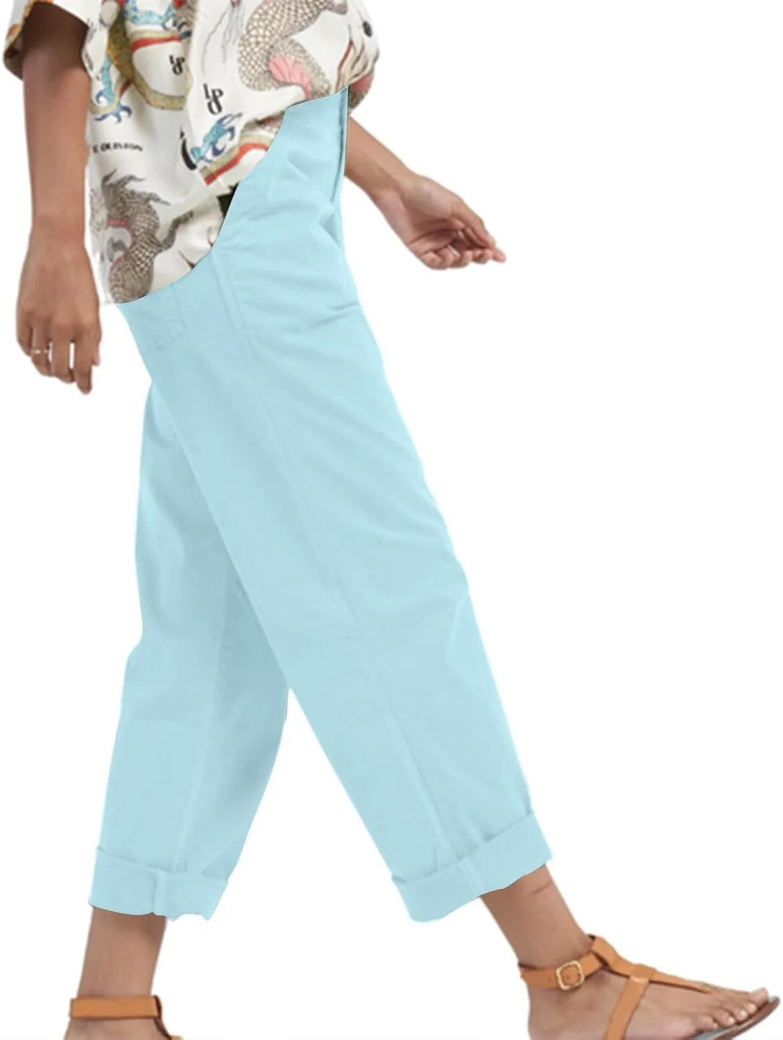 Fashion Cargo Pants for Women Casual Straight Leg High Waist Buttoned Roll Up Long Trousers Slim Hiking Travel Slacks
