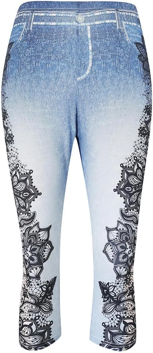 Faux Denim Leggings for Women Plus Size High Waisted Yoga Pants Capri Jeggings Short Tights Stretch Denim Jeans