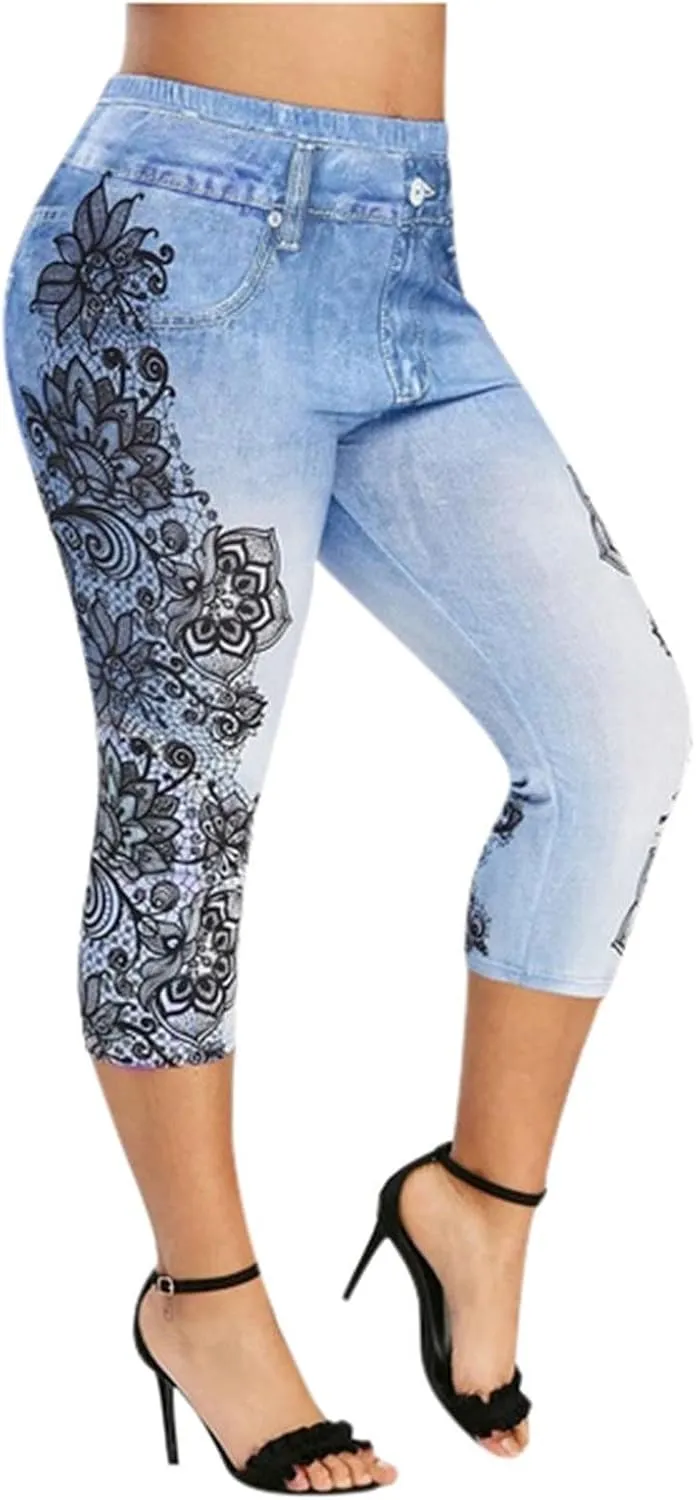 Faux Denim Leggings for Women Plus Size High Waisted Yoga Pants Capri Jeggings Short Tights Stretch Denim Jeans
