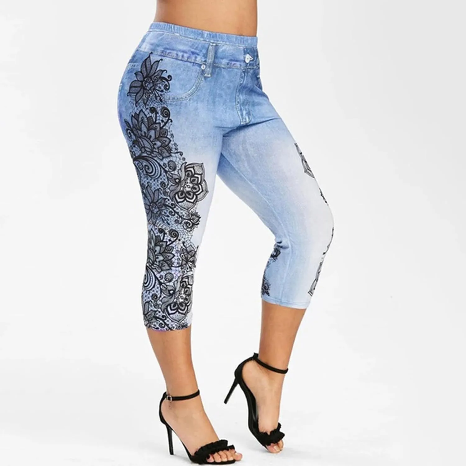 Faux Denim Leggings for Women Plus Size High Waisted Yoga Pants Capri Jeggings Short Tights Stretch Denim Jeans