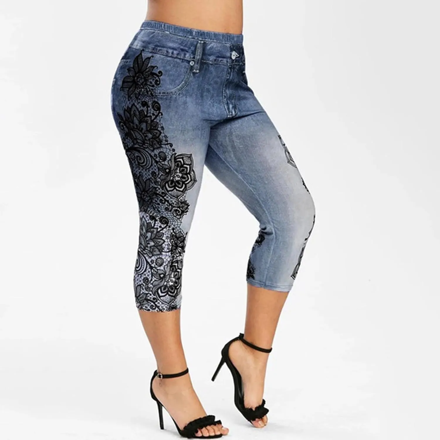 Faux Denim Leggings for Women Plus Size High Waisted Yoga Pants Capri Jeggings Short Tights Stretch Denim Jeans