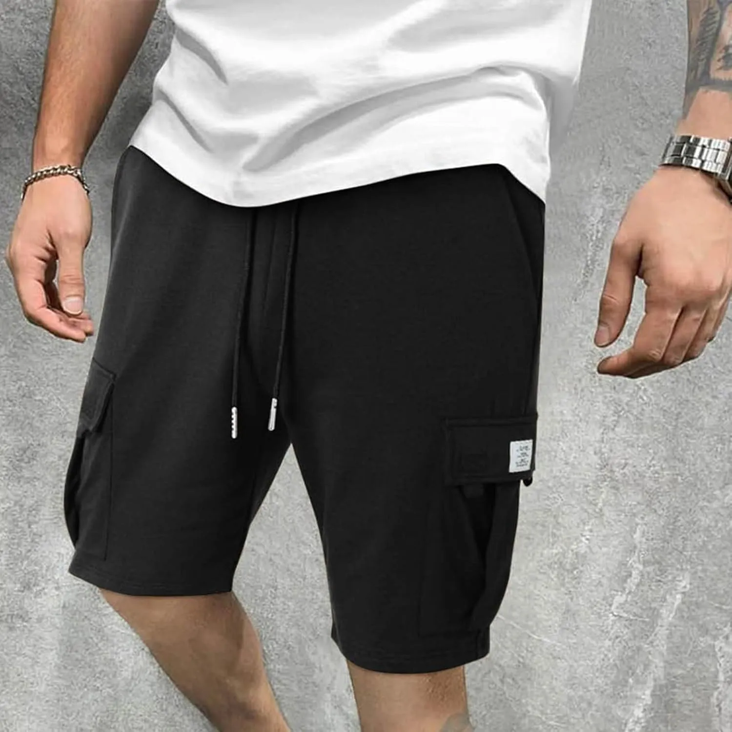 Finelylove Cargo Shorts for Men Casual Summer Sweat Shorts Elastic Waist Drawstring Workout Athletic Gym Shorts with Pockets