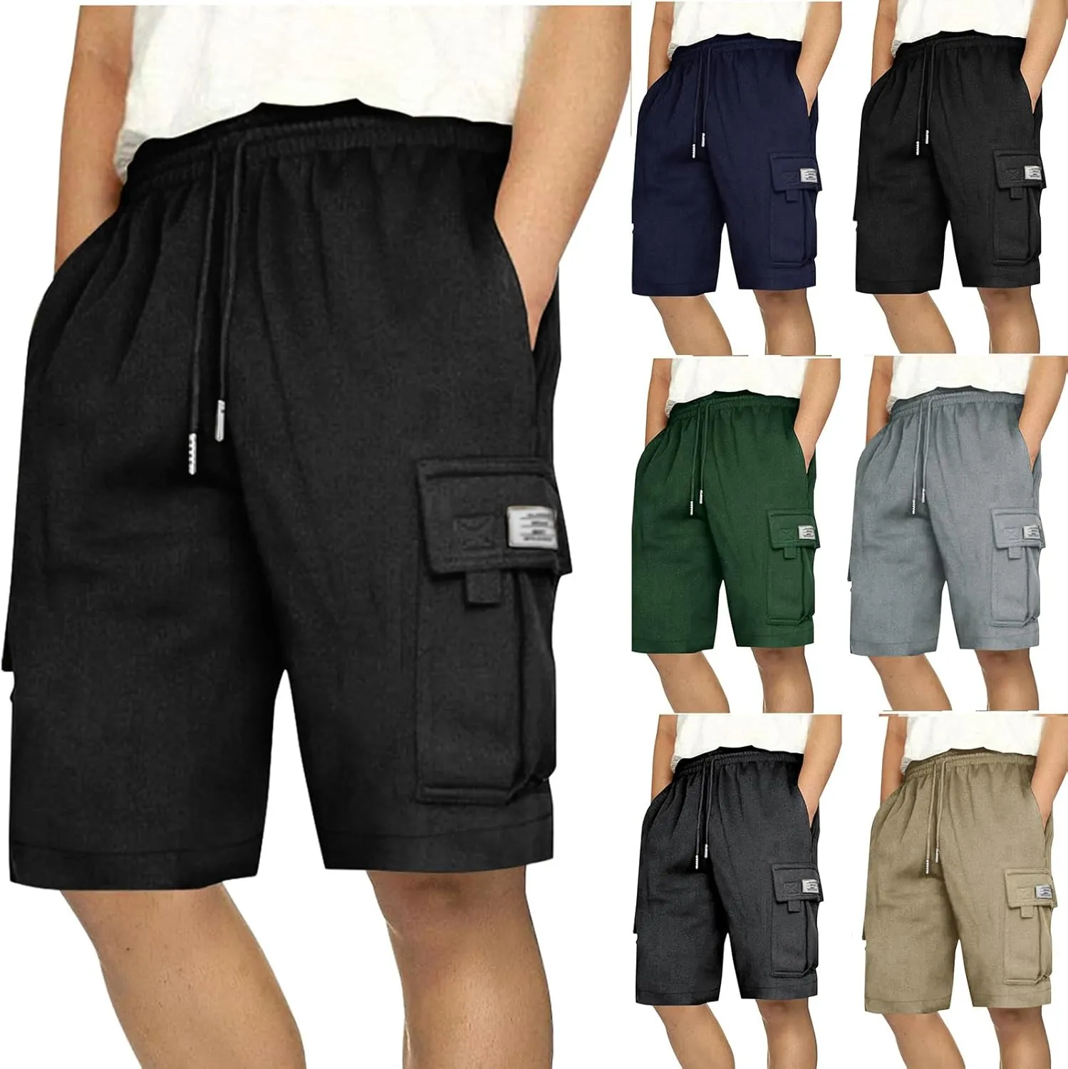 Finelylove Cargo Shorts for Men Casual Summer Sweat Shorts Elastic Waist Drawstring Workout Athletic Gym Shorts with Pockets