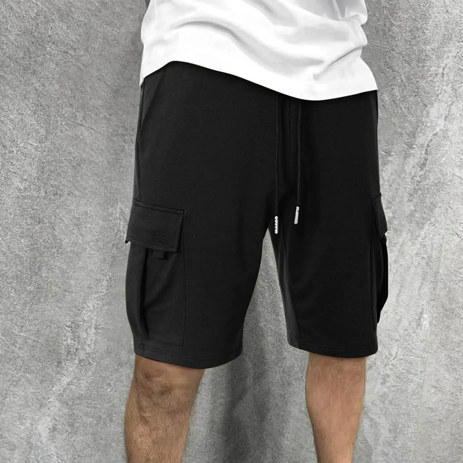 Finelylove Cargo Shorts for Men Casual Summer Sweat Shorts Elastic Waist Drawstring Workout Athletic Gym Shorts with Pockets
