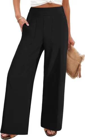 FireSwan Women's Wide Leg Work Pants High Elastic Waist Dress Palazzo Pants Trousers with Zipper Pockets