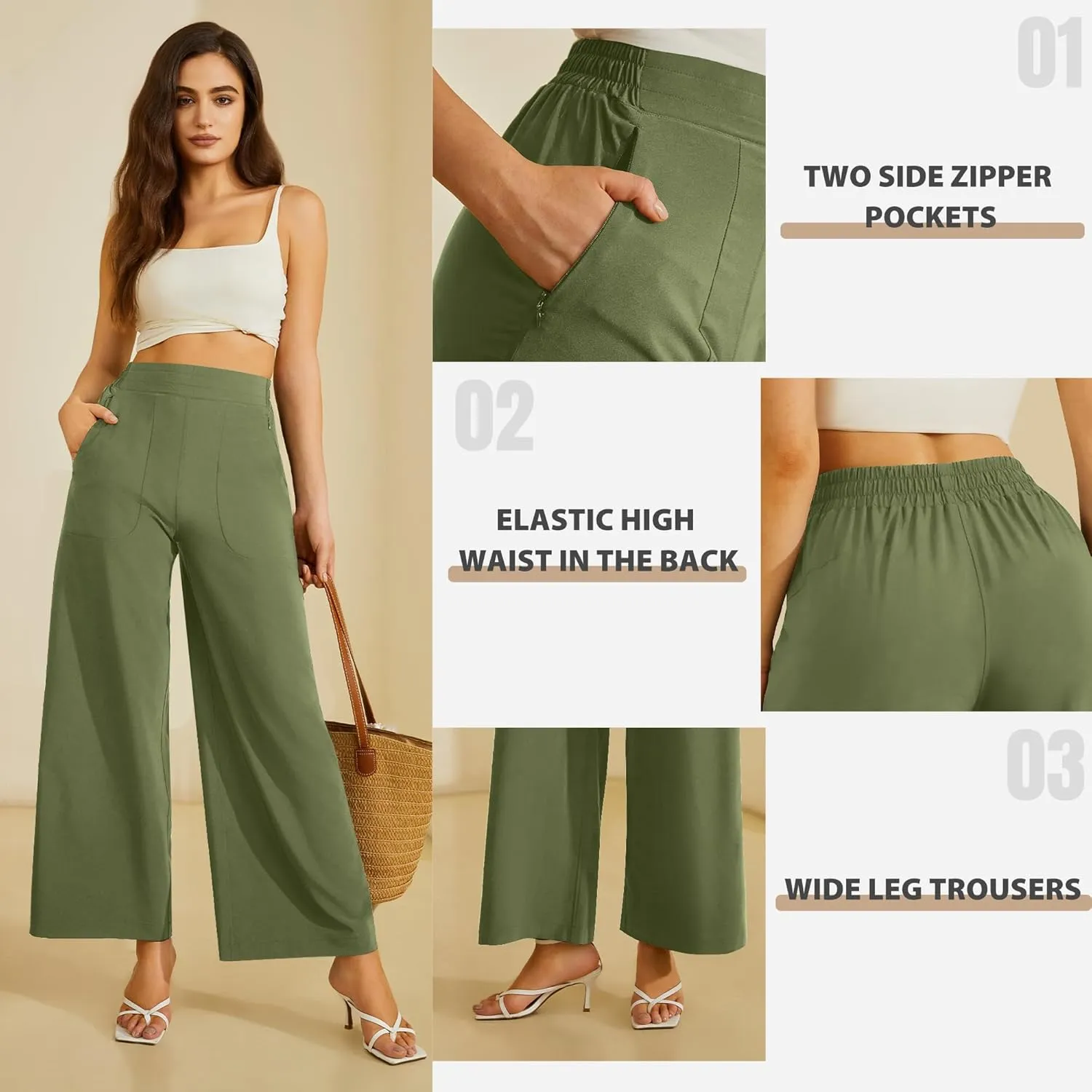 FireSwan Women's Wide Leg Work Pants High Elastic Waist Dress Palazzo Pants Trousers with Zipper Pockets