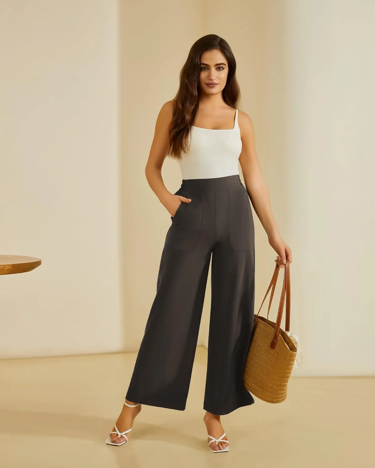 FireSwan Women's Wide Leg Work Pants High Elastic Waist Dress Palazzo Pants Trousers with Zipper Pockets