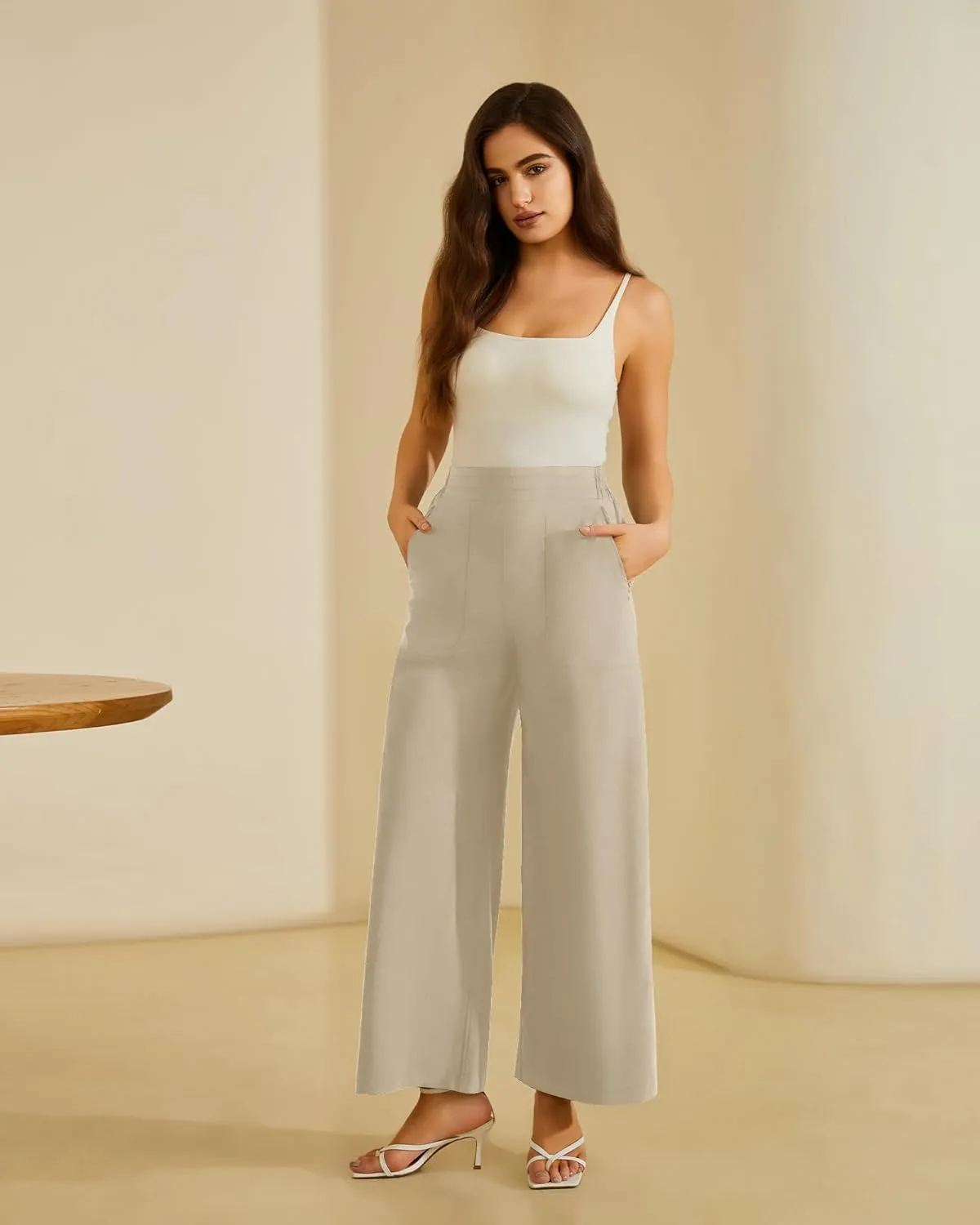 FireSwan Women's Wide Leg Work Pants High Elastic Waist Dress Palazzo Pants Trousers with Zipper Pockets