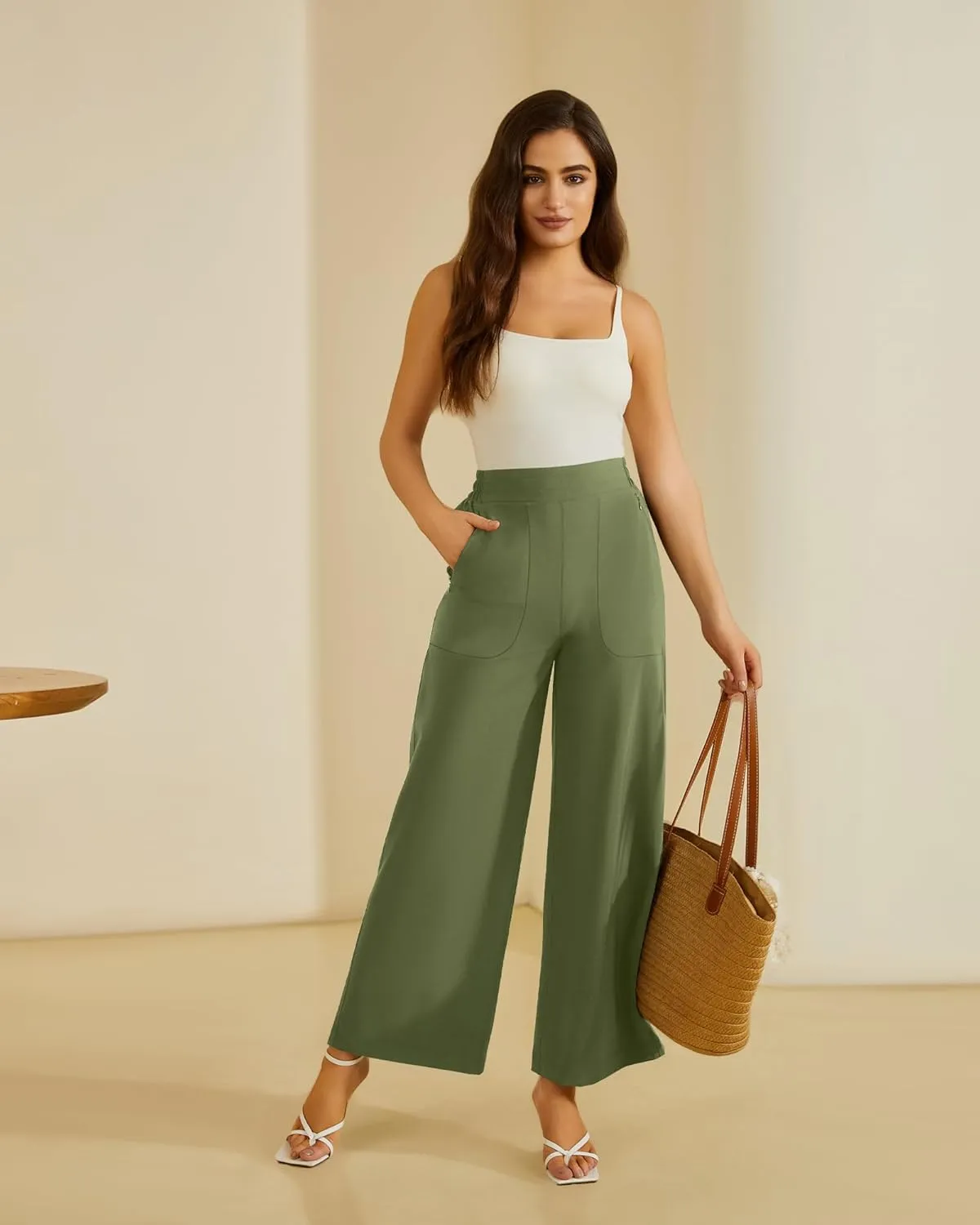 FireSwan Women's Wide Leg Work Pants High Elastic Waist Dress Palazzo Pants Trousers with Zipper Pockets