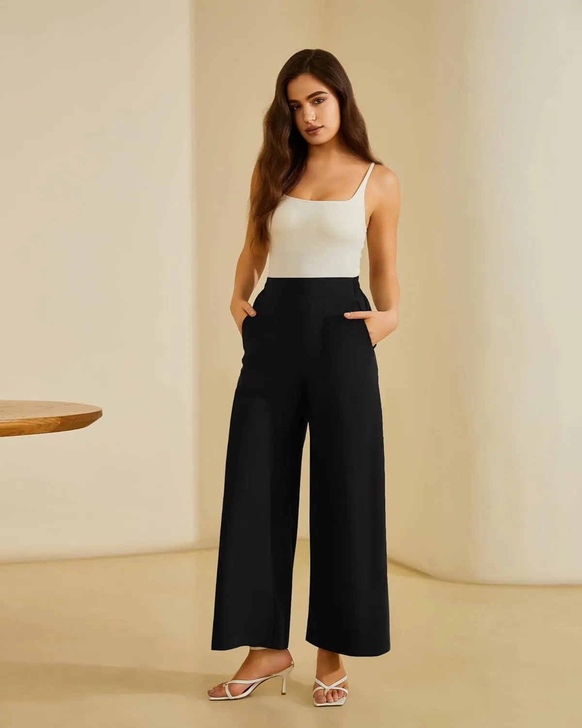 FireSwan Women's Wide Leg Work Pants High Elastic Waist Dress Palazzo Pants Trousers with Zipper Pockets