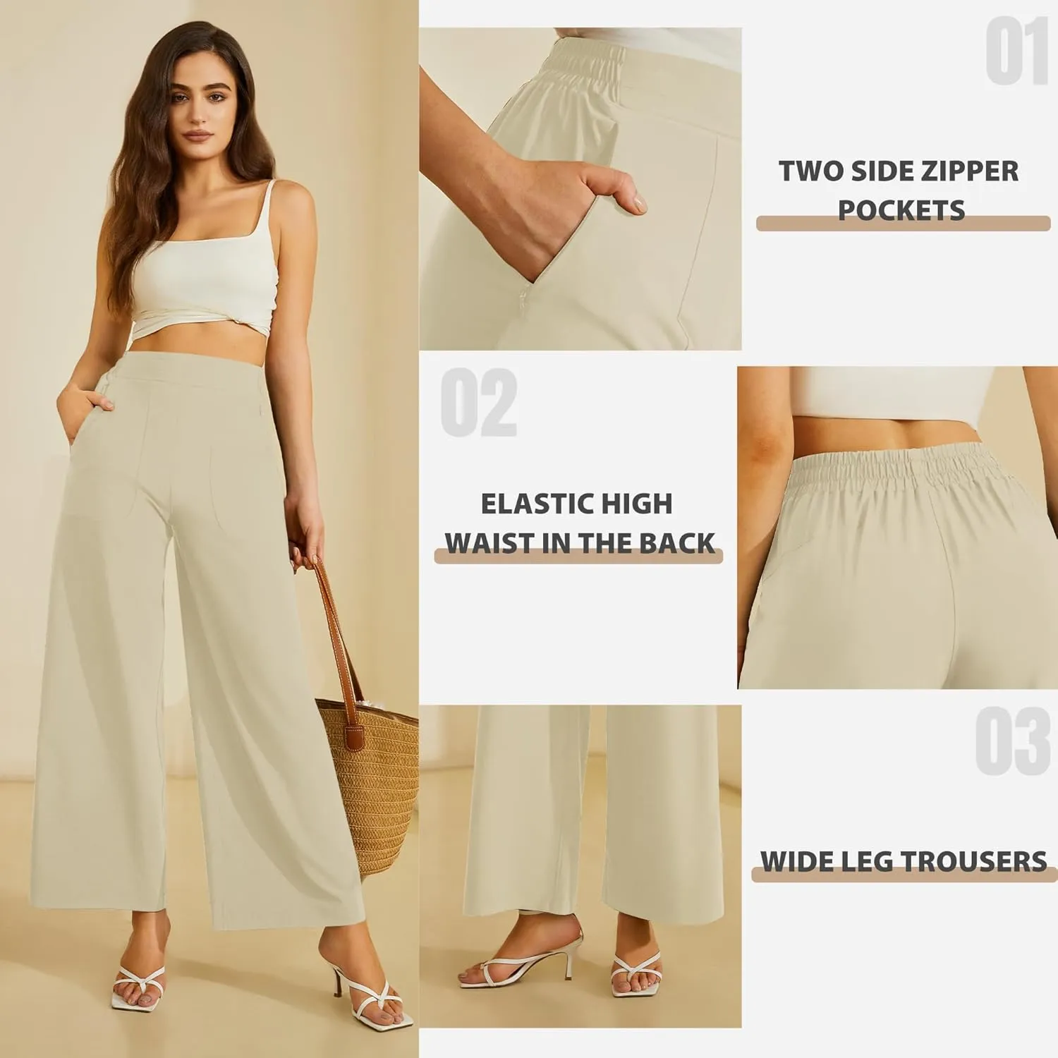 FireSwan Women's Wide Leg Work Pants High Elastic Waist Dress Palazzo Pants Trousers with Zipper Pockets
