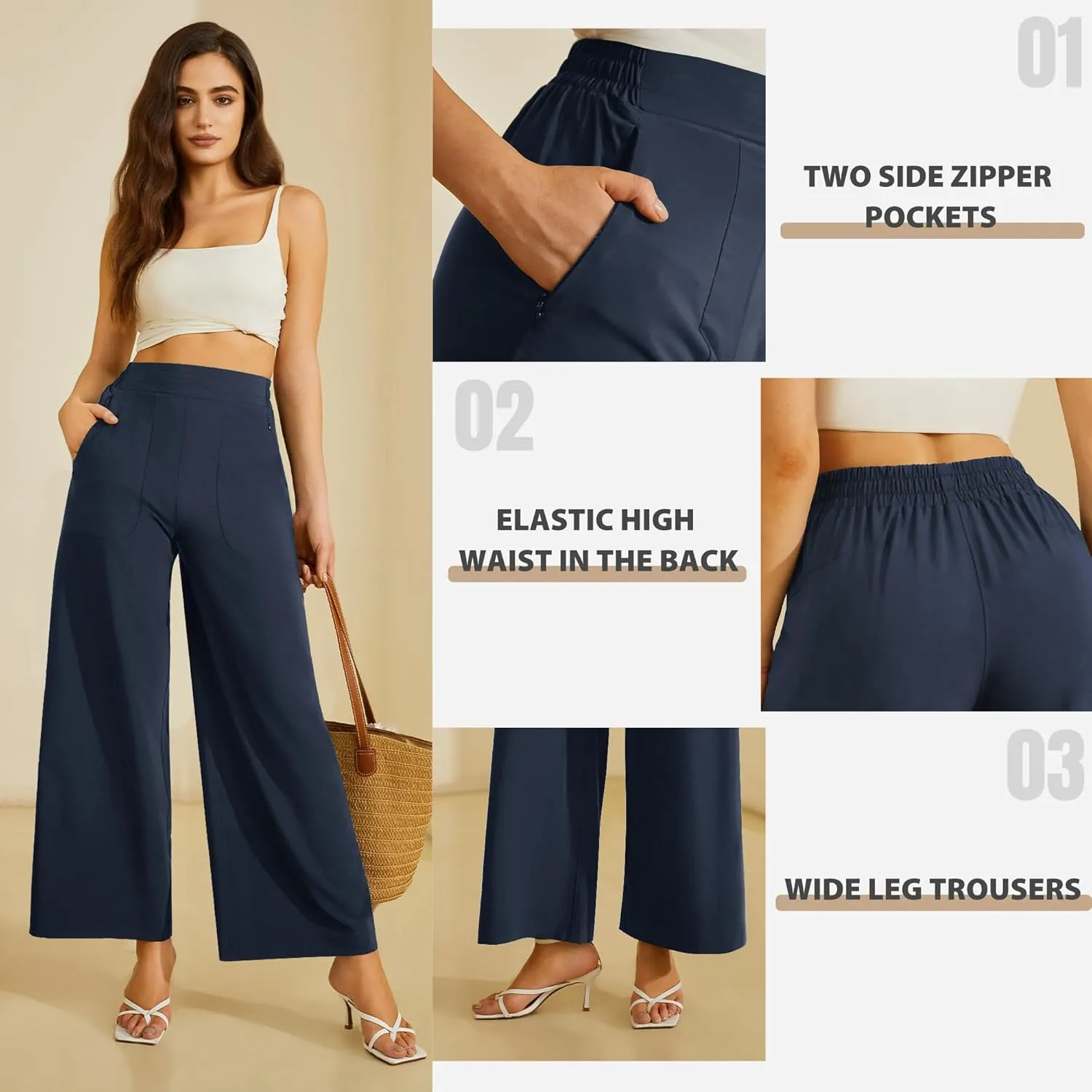 FireSwan Women's Wide Leg Work Pants High Elastic Waist Dress Palazzo Pants Trousers with Zipper Pockets