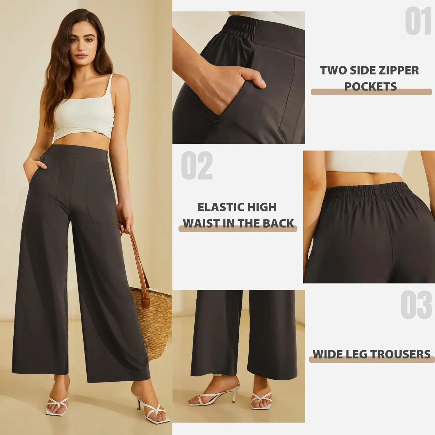 FireSwan Women's Wide Leg Work Pants High Elastic Waist Dress Palazzo Pants Trousers with Zipper Pockets