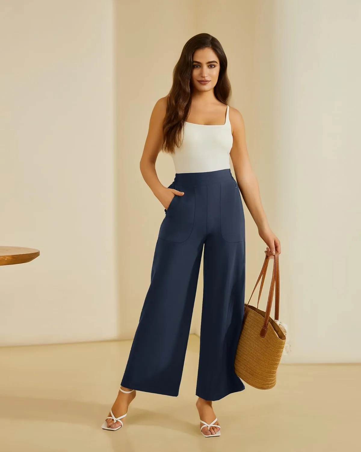 FireSwan Women's Wide Leg Work Pants High Elastic Waist Dress Palazzo Pants Trousers with Zipper Pockets