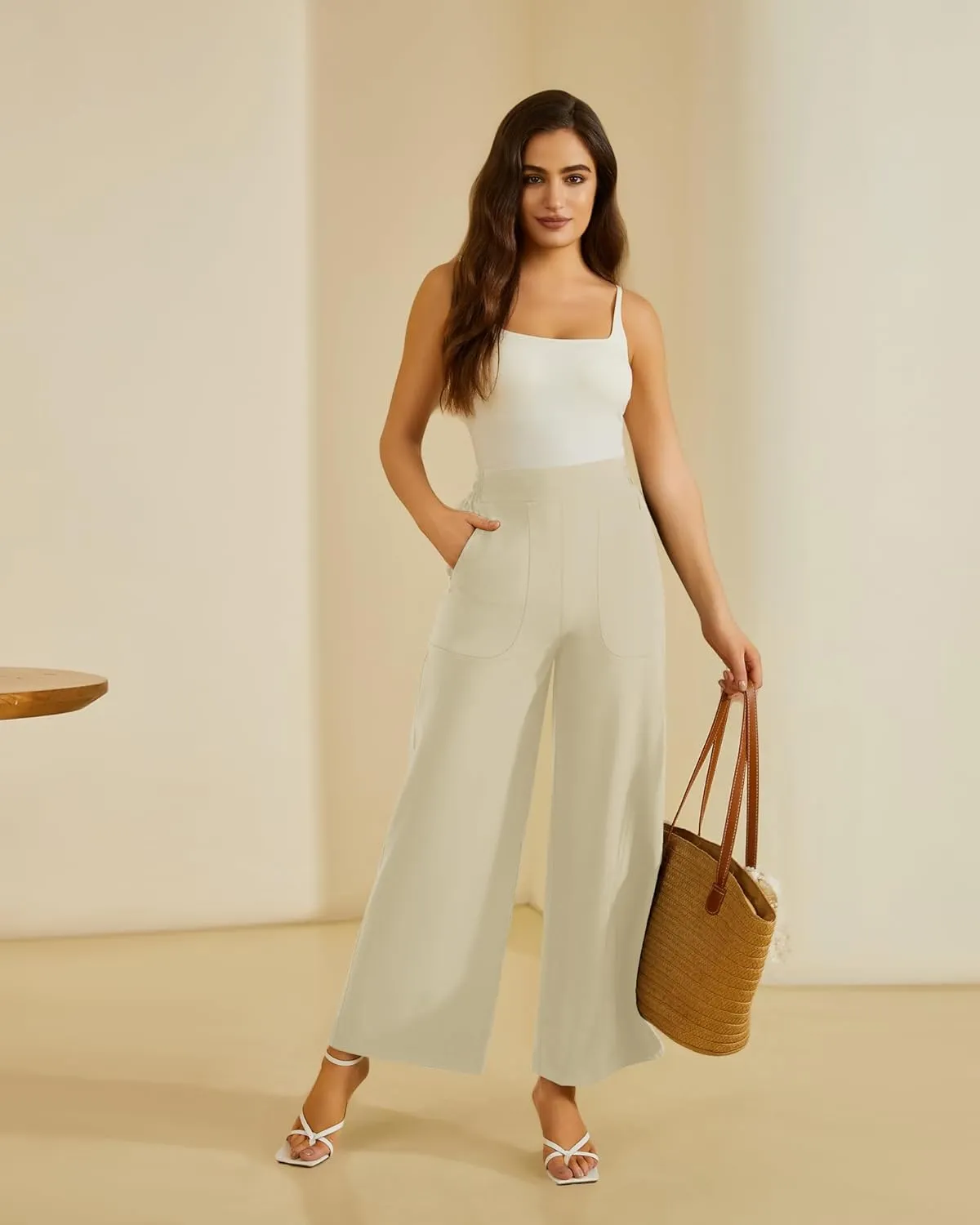 FireSwan Women's Wide Leg Work Pants High Elastic Waist Dress Palazzo Pants Trousers with Zipper Pockets