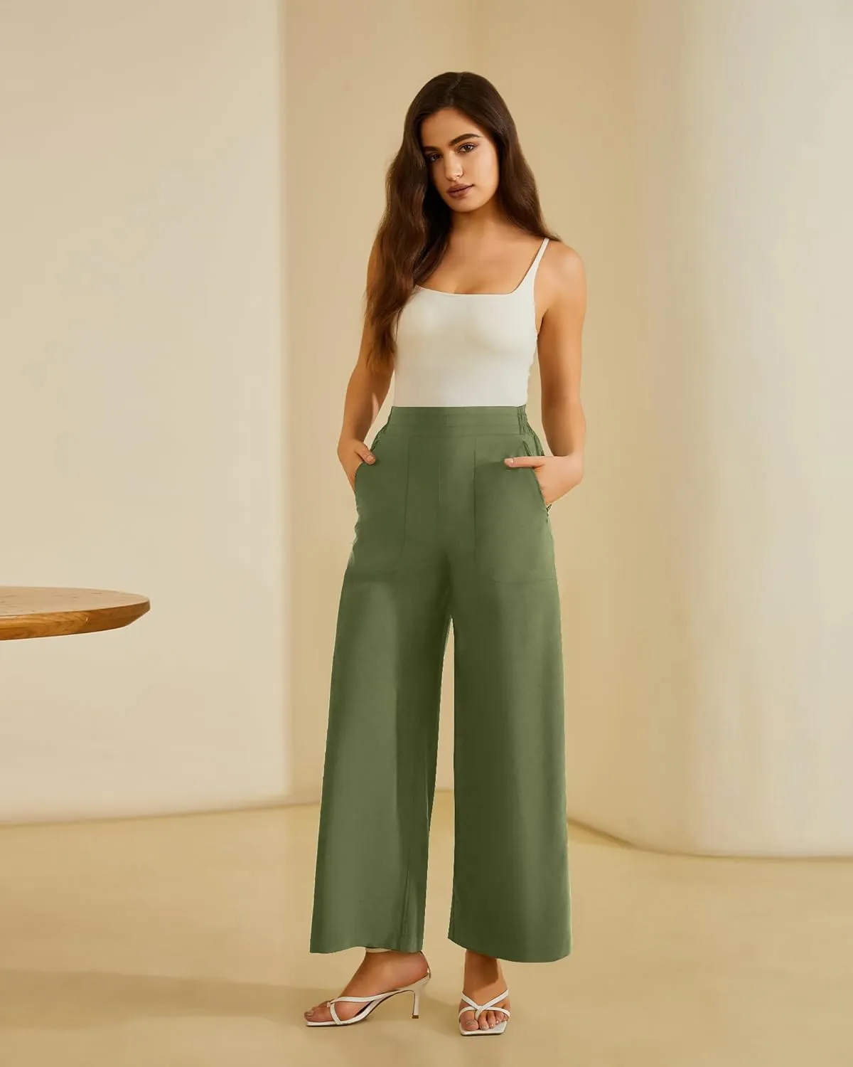 FireSwan Women's Wide Leg Work Pants High Elastic Waist Dress Palazzo Pants Trousers with Zipper Pockets