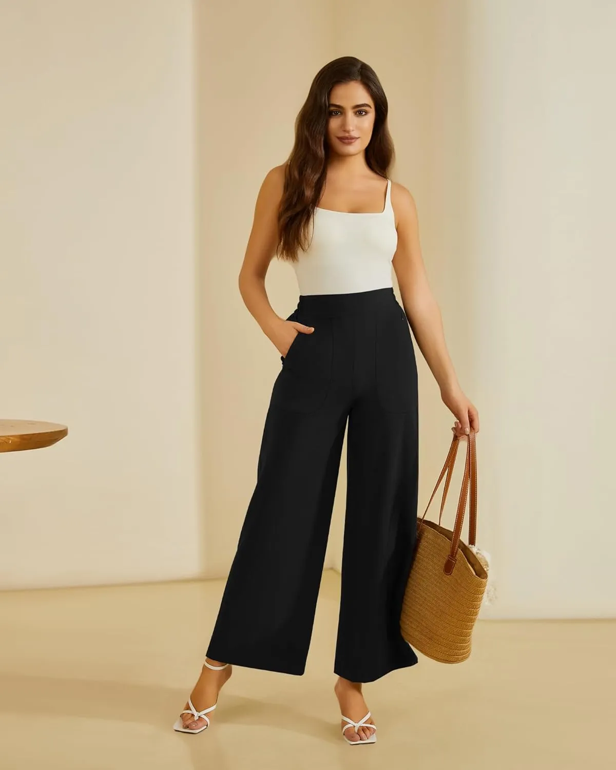 FireSwan Women's Wide Leg Work Pants High Elastic Waist Dress Palazzo Pants Trousers with Zipper Pockets